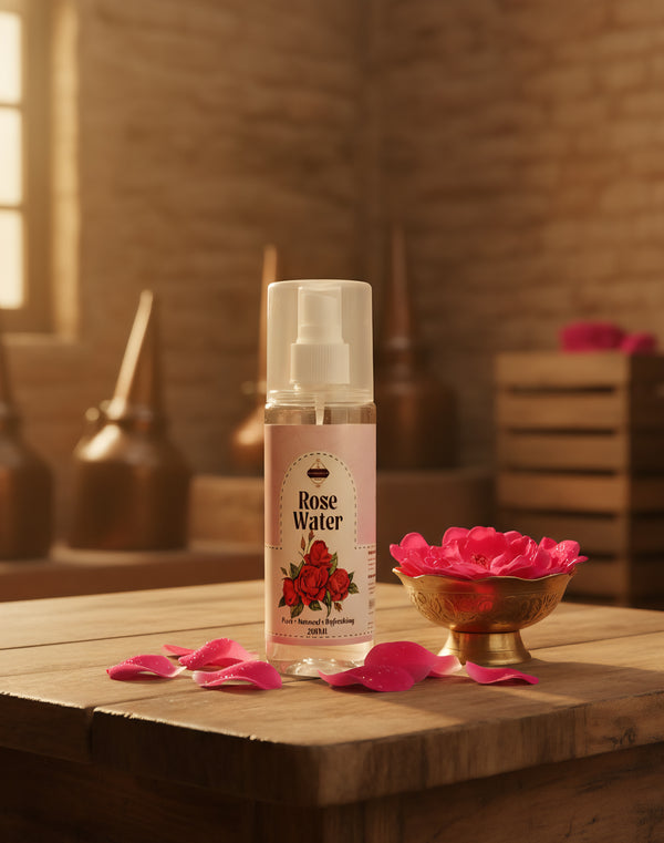 Pure rose water (gulab jal) distilled from Damask roses in copper degh – best for skin, hair, and eyes
Organic gulab jal bottle – natural rose water toner for glowing skin and oily skin
Heritage distilled rosa damascena flower water – chemical-free rose water for face and lips