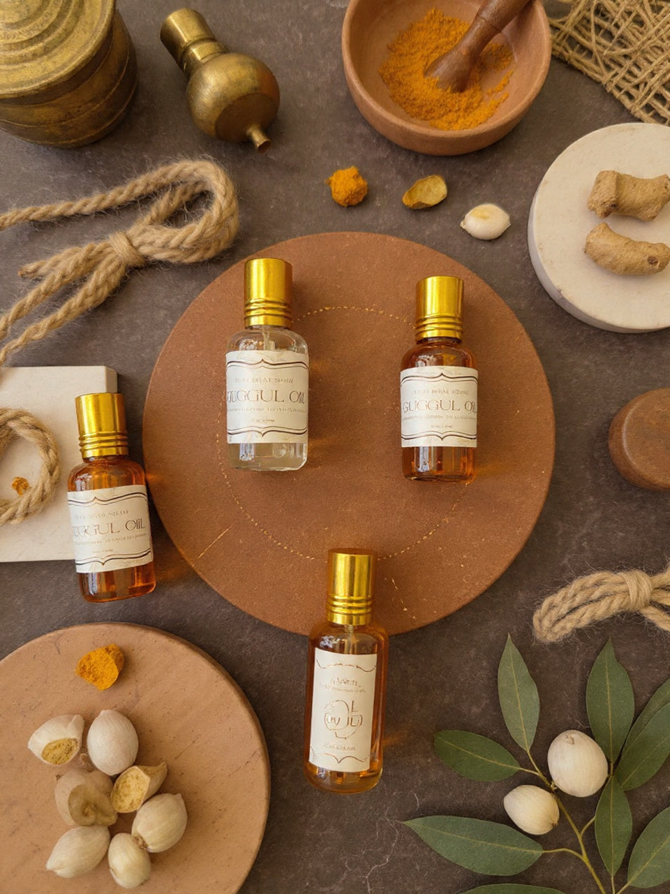 Four small bottles with gold caps and white labels on a brown surface with natural elements.