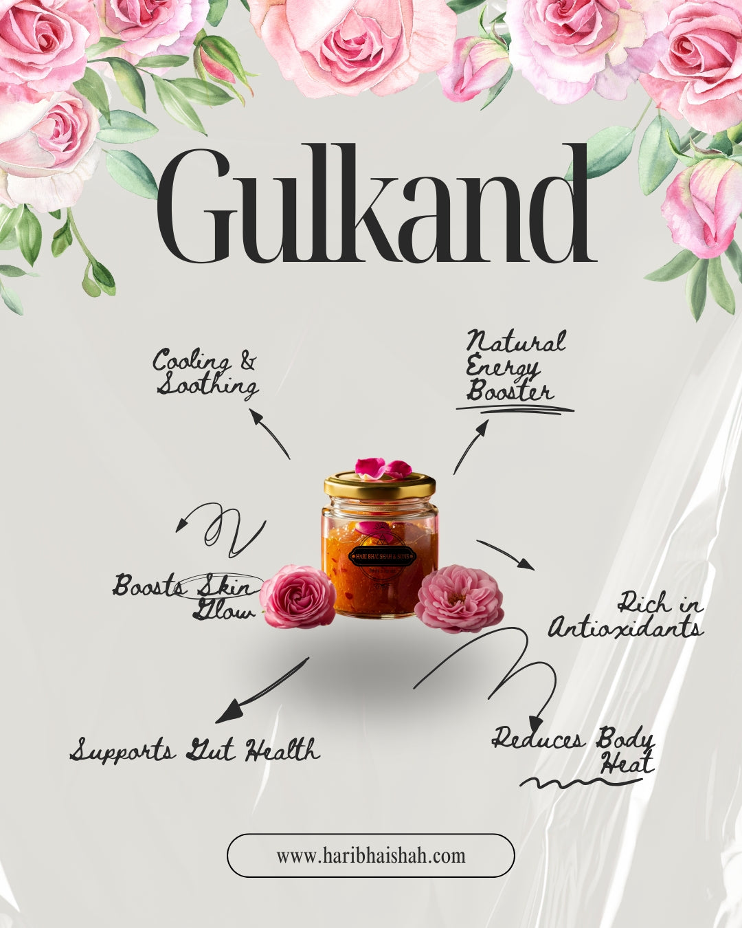 Advertisement for Gulkand with jar and floral elements on a light background