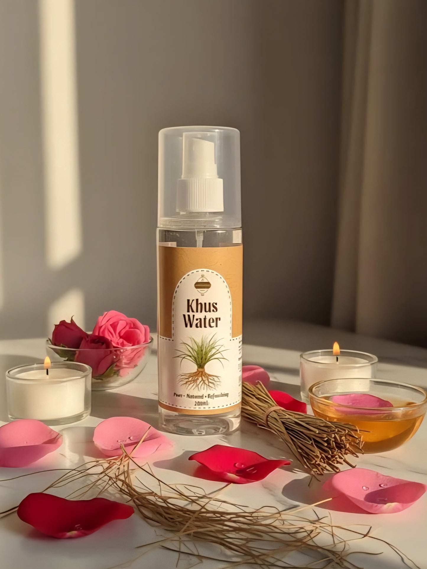 Khus Water spray bottle on a table with candles and rose petals