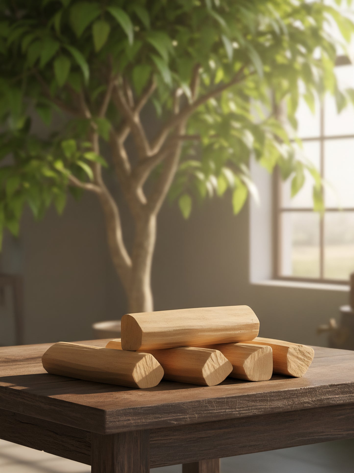 Sandalwood blocks on a wooden table with a blurred sandalwood tree and window in the background