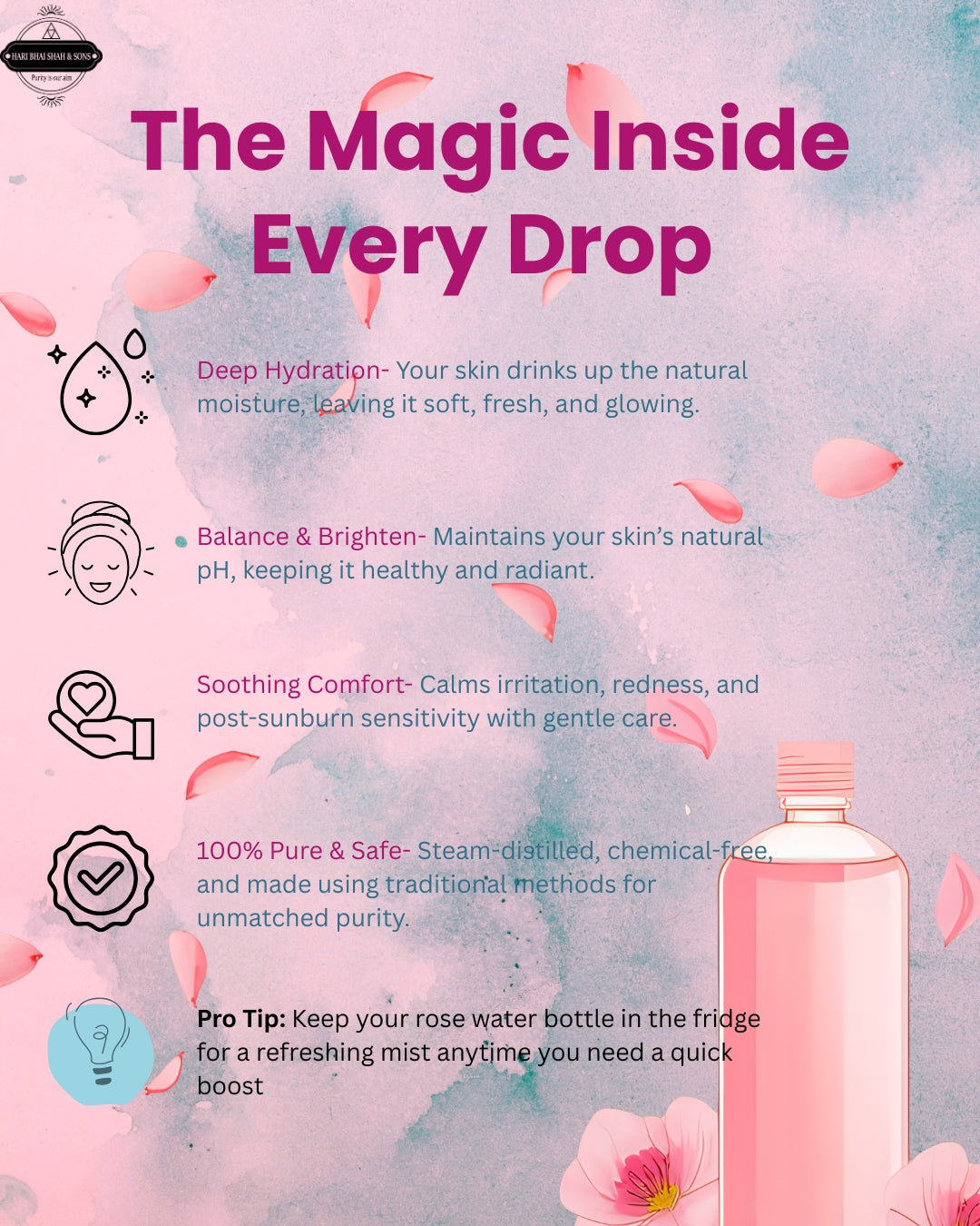 Pure rose water (gulab jal) distilled from Damask roses in copper degh – best for skin, hair, and eyes
Organic gulab jal bottle – natural rose water toner for glowing skin and oily skin
Heritage distilled rosa damascena flower water – chemical-free rose water for face and lips
Kannauj rose water for hair mist – natural remedy for dandruff and dry scalp
Pure edible gulab jal for cooking sweets, drinks, and wellness recipes
Traditional rose water for eyes – safe, soothing, and preservative-free gulab jal