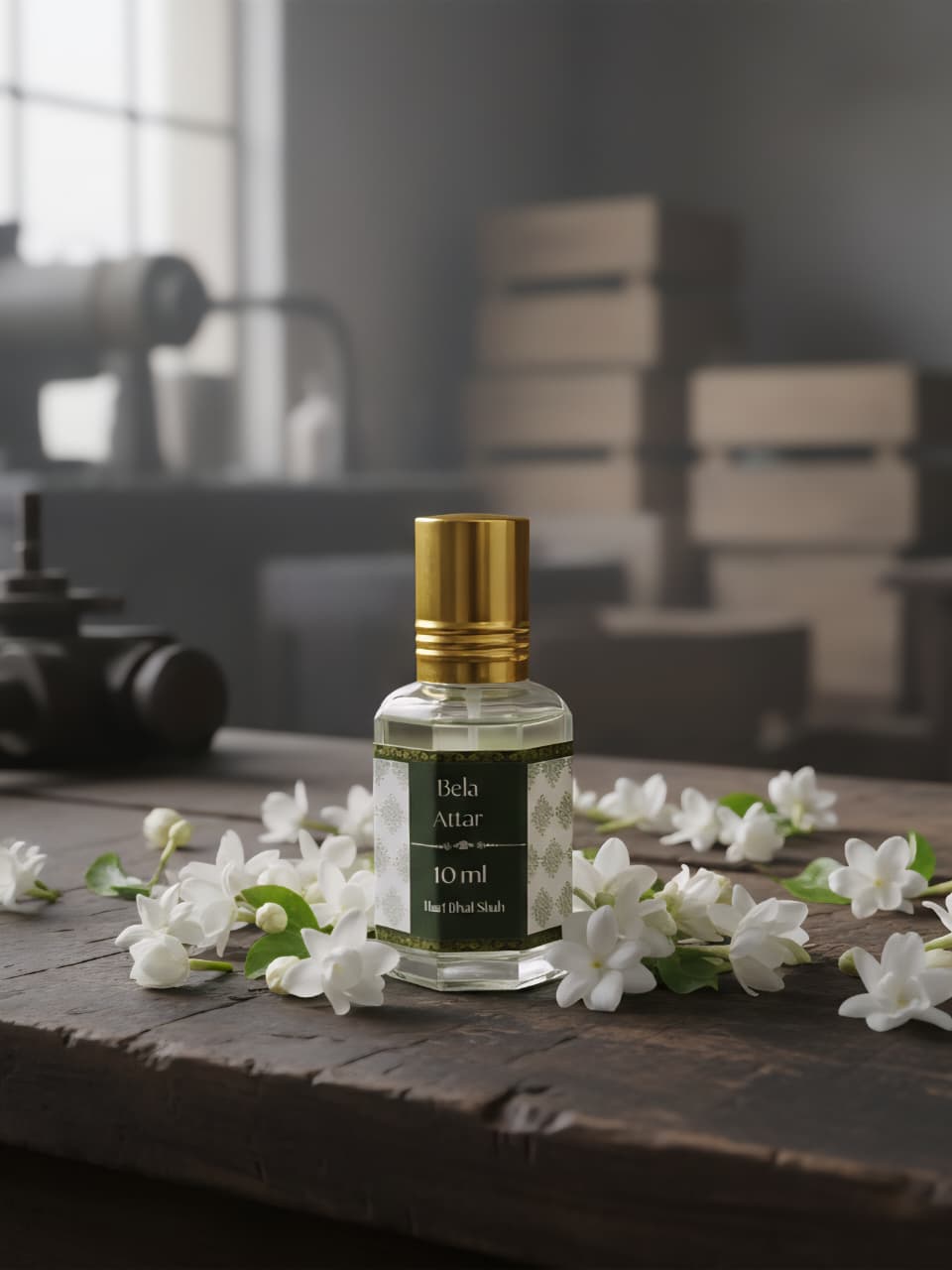 Bottle of Bela Attar with gold cap on a wooden surface surrounded by white flowers, with a blurred background.