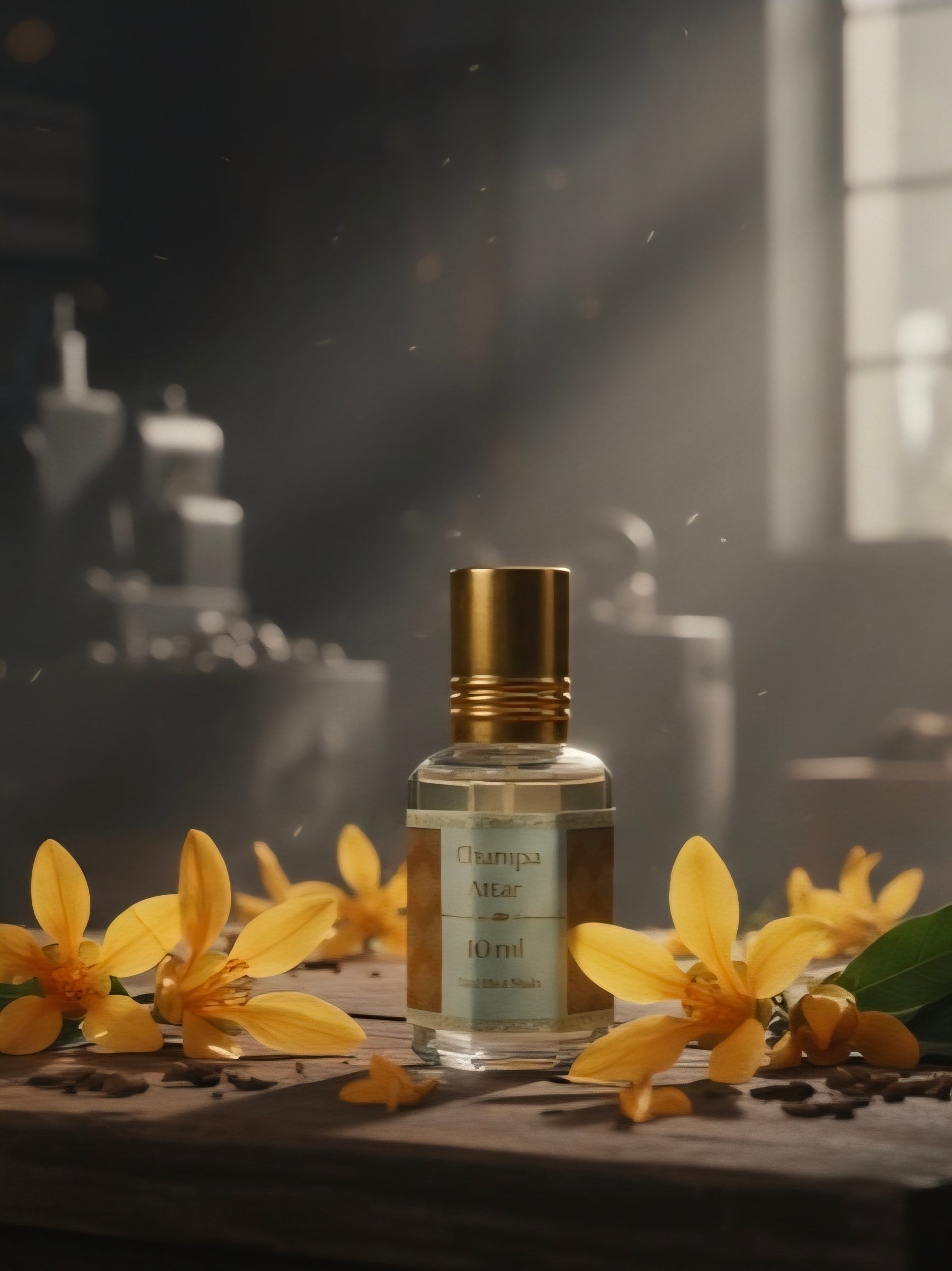 Champa Attar bottle with gold cap on a wooden surface with champa flowers, dark background