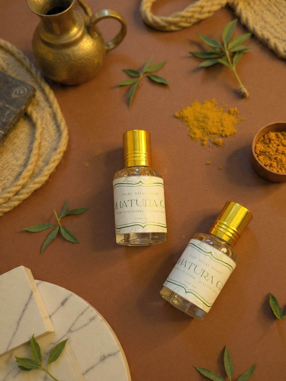 Two small bottles labeled 'Dhatura Oil' on a brown surface with leaves and a gold pitcher.