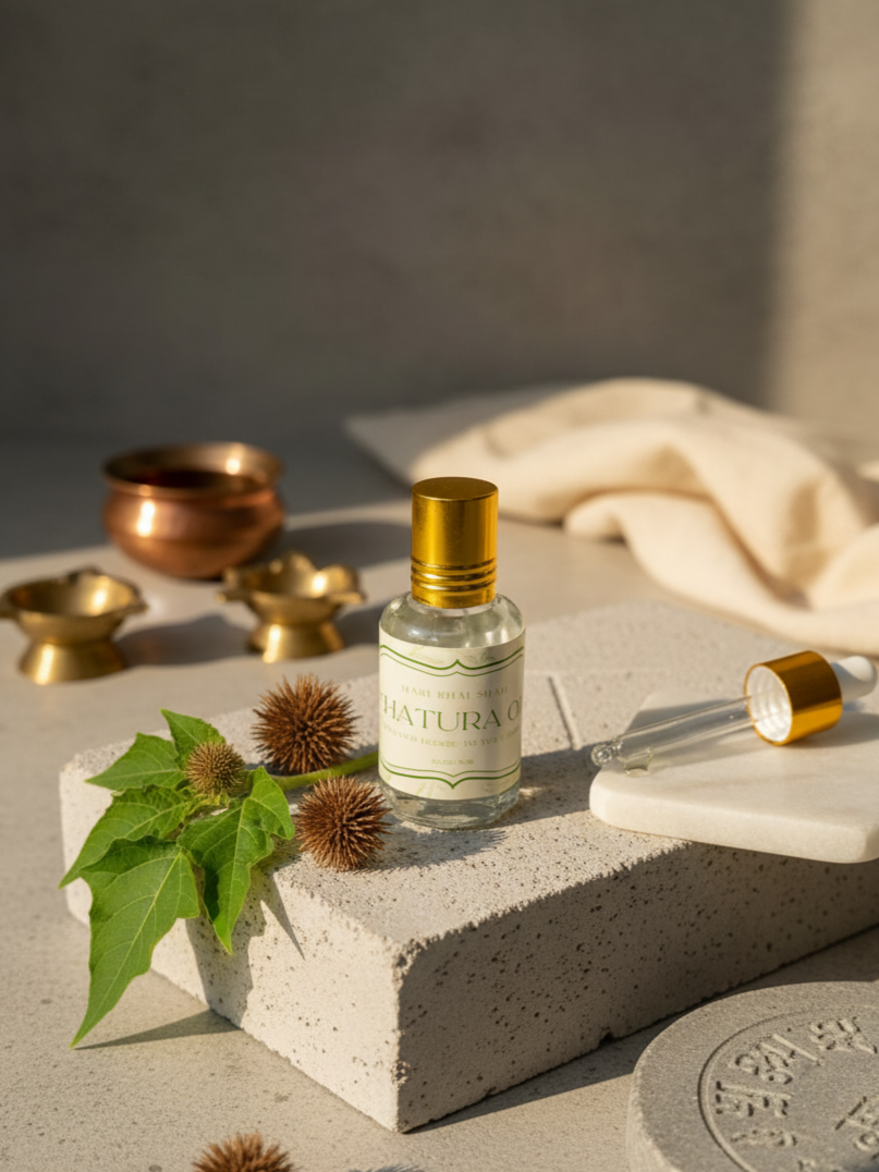 Dhatura Oil bottle with gold cap on a stone surface with leaves and small bowls in the background