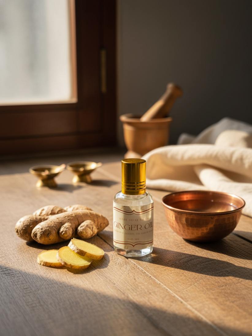 Ginger oil bottle with ginger root and a copper bowl on a wooden surface.
