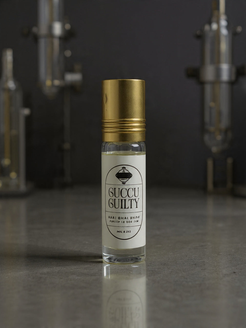 Small glass bottle with gold cap on a reflective surface with dark background