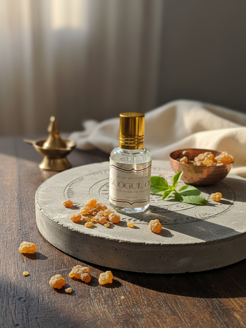Small bottle of Guggul Oil on a stone platter with amber resin and leaves on a wooden surface.