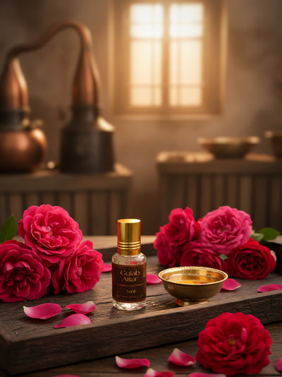 Gulab Attar with gold cap and dark label surrounded by pink roses on a wooden surface.