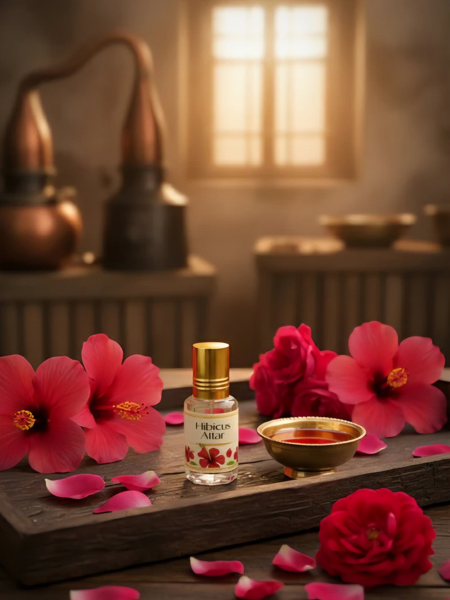 Bottle of 'Hibiscus Afar' with hibiscus flowers and a bowl filled with hibiscus oil on a wooden surface