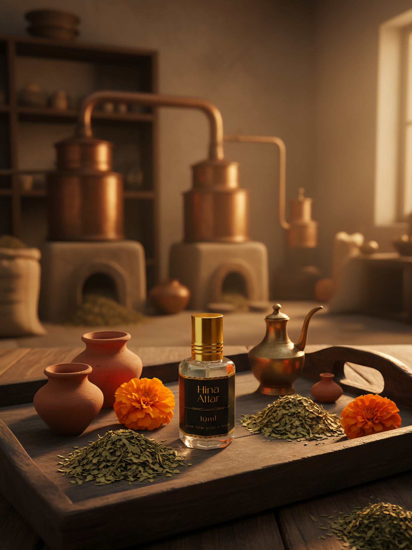 A bottle of Hira Attar perfume on a wooden tray with herbs and flowers, with a distillation setup in the background.