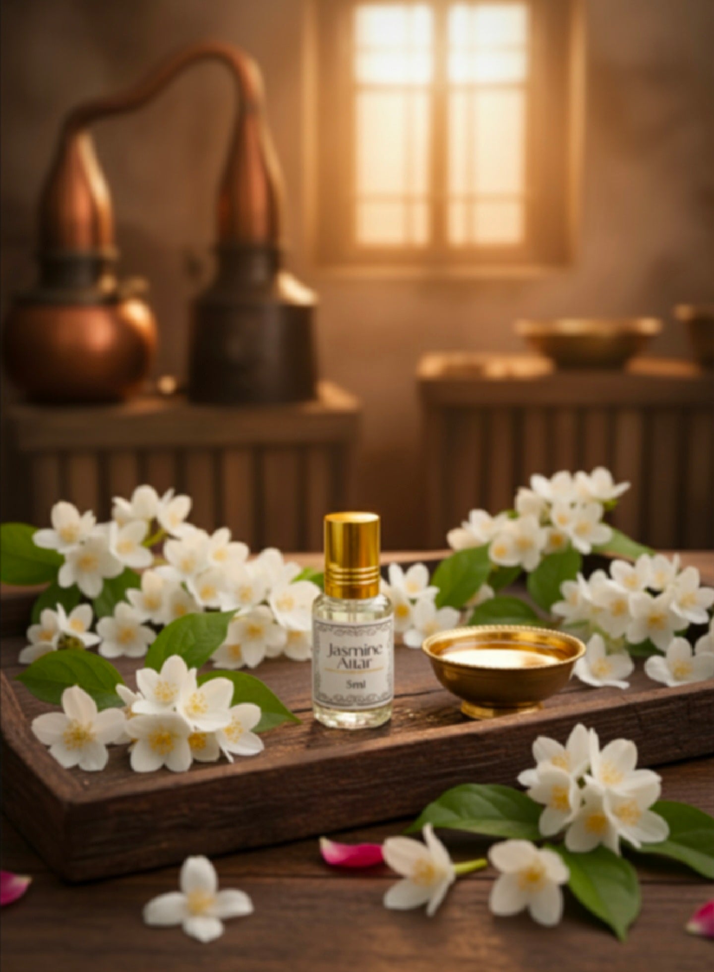 Perfume bottle with jasmine flowers on a wooden tray in a warm, blurred background