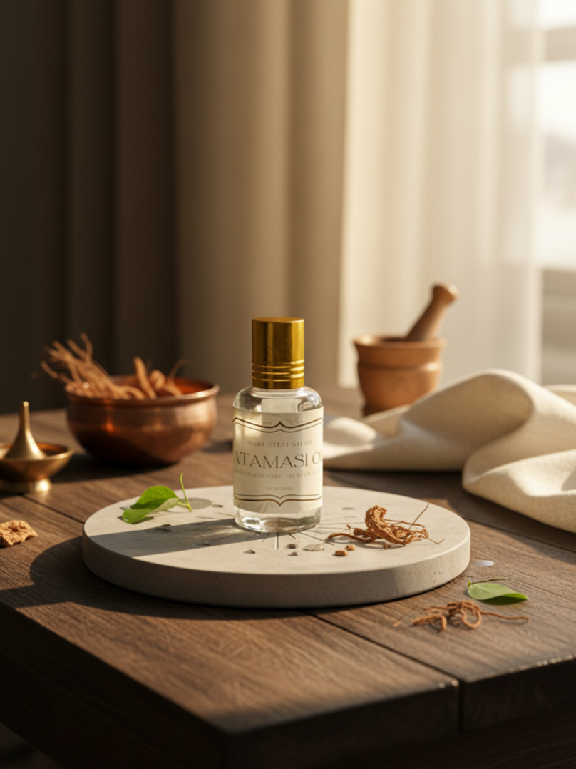 Bottle of Jatamasi Oil on a wooden table with natural light
