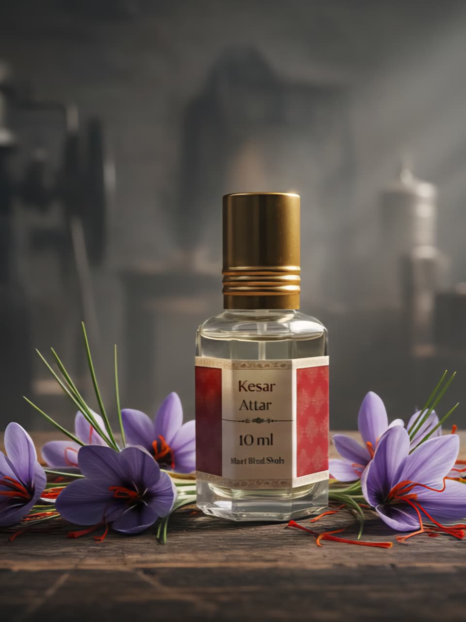 Bottle of Kesar Attar with saffron flowers on a wooden surface