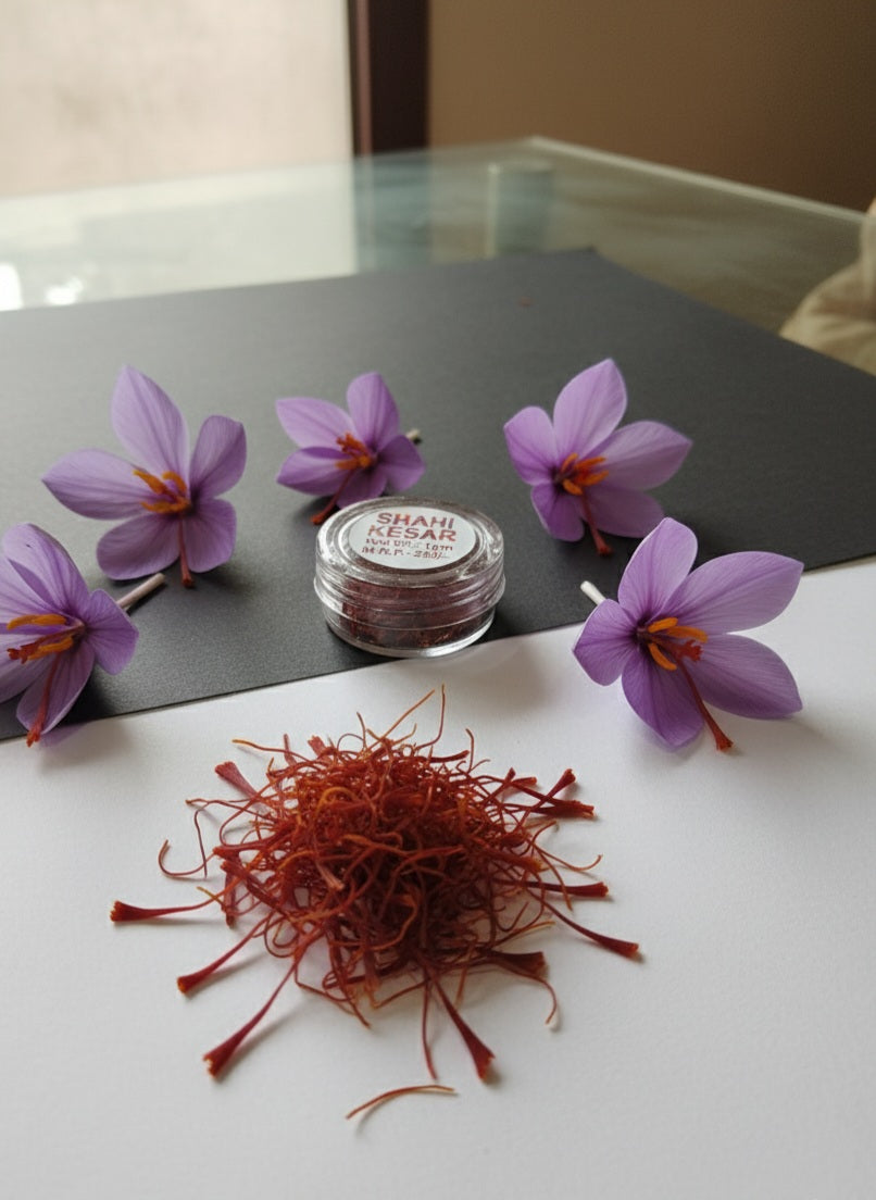 Saffron threads and flowers on a table with a small container labeled 'Shahi Kesar'.