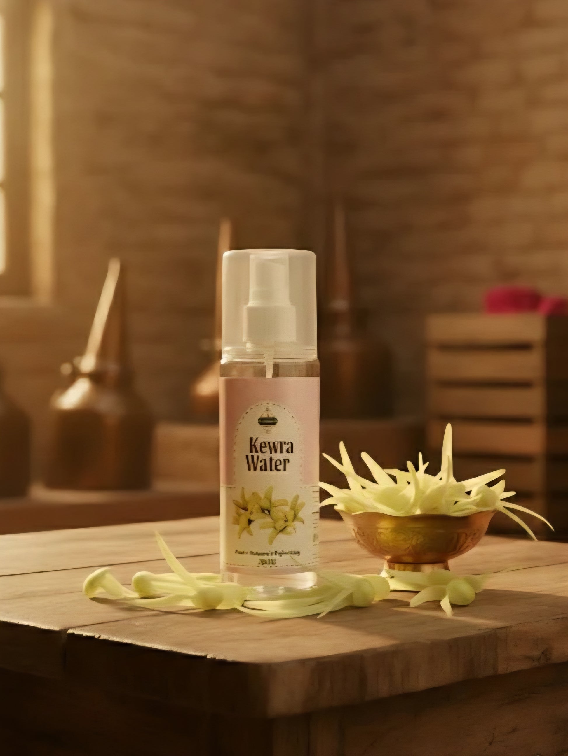 Kewra Water spray bottle on a wooden surface with kewra flowers and the background is factory vibe.