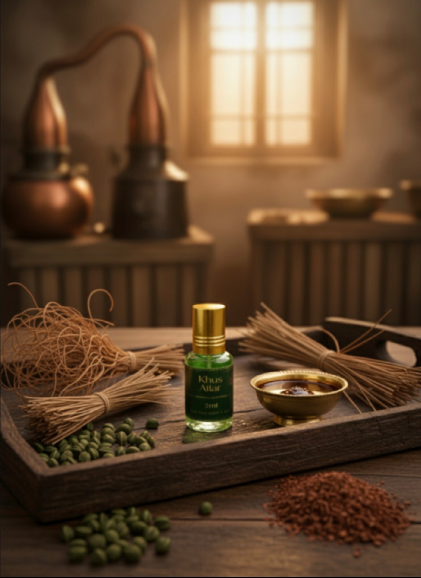 A bottle of Khus Attar on a wooden tray with natural ingredients in a rustic setting.