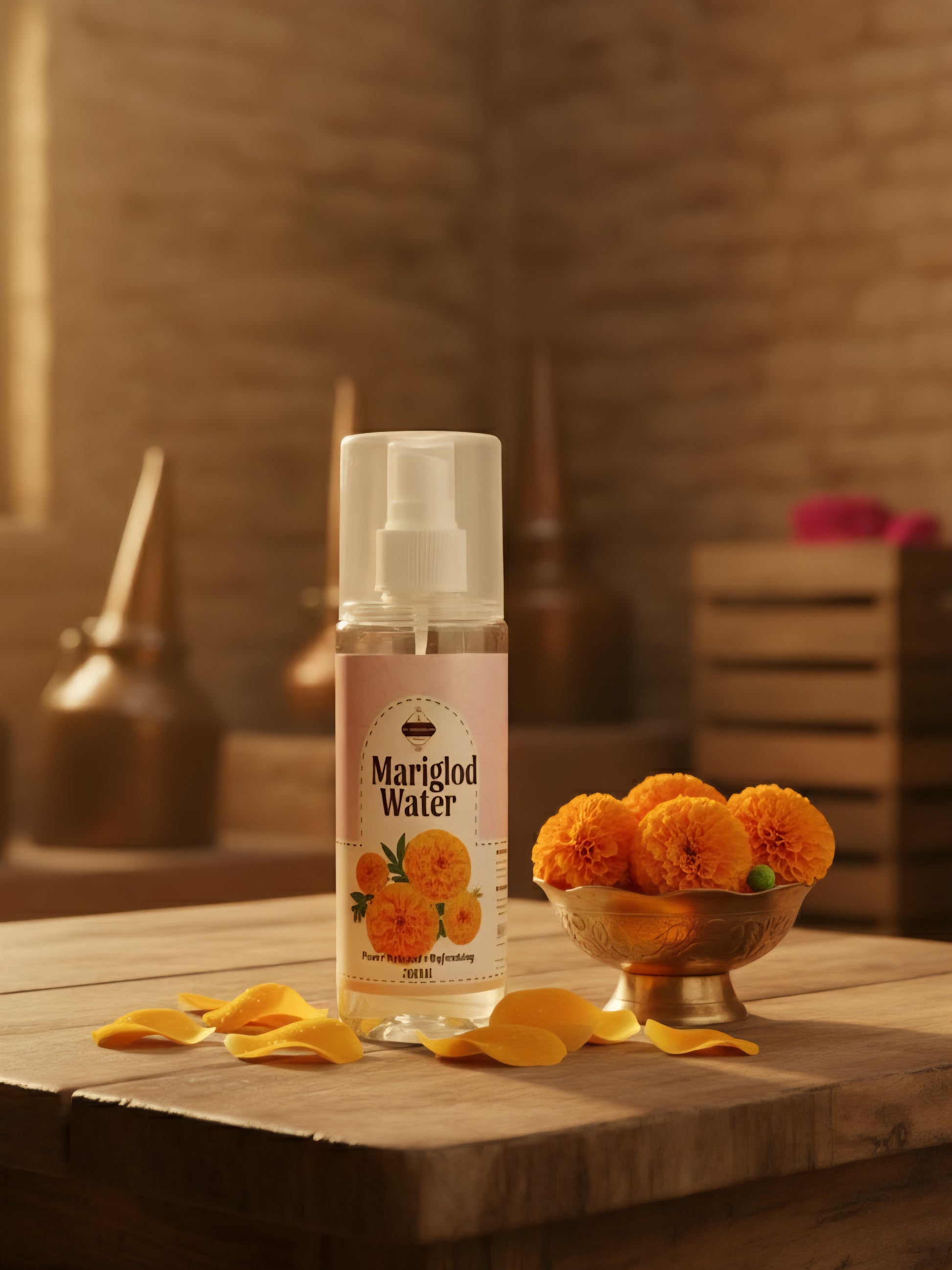 Marigold water spray bottle on a wooden surface with marigold flowers and petals.