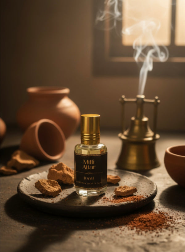 A bottle of Mitti Aftar perfume on a dark stone surface with smoke and rustic decor.
