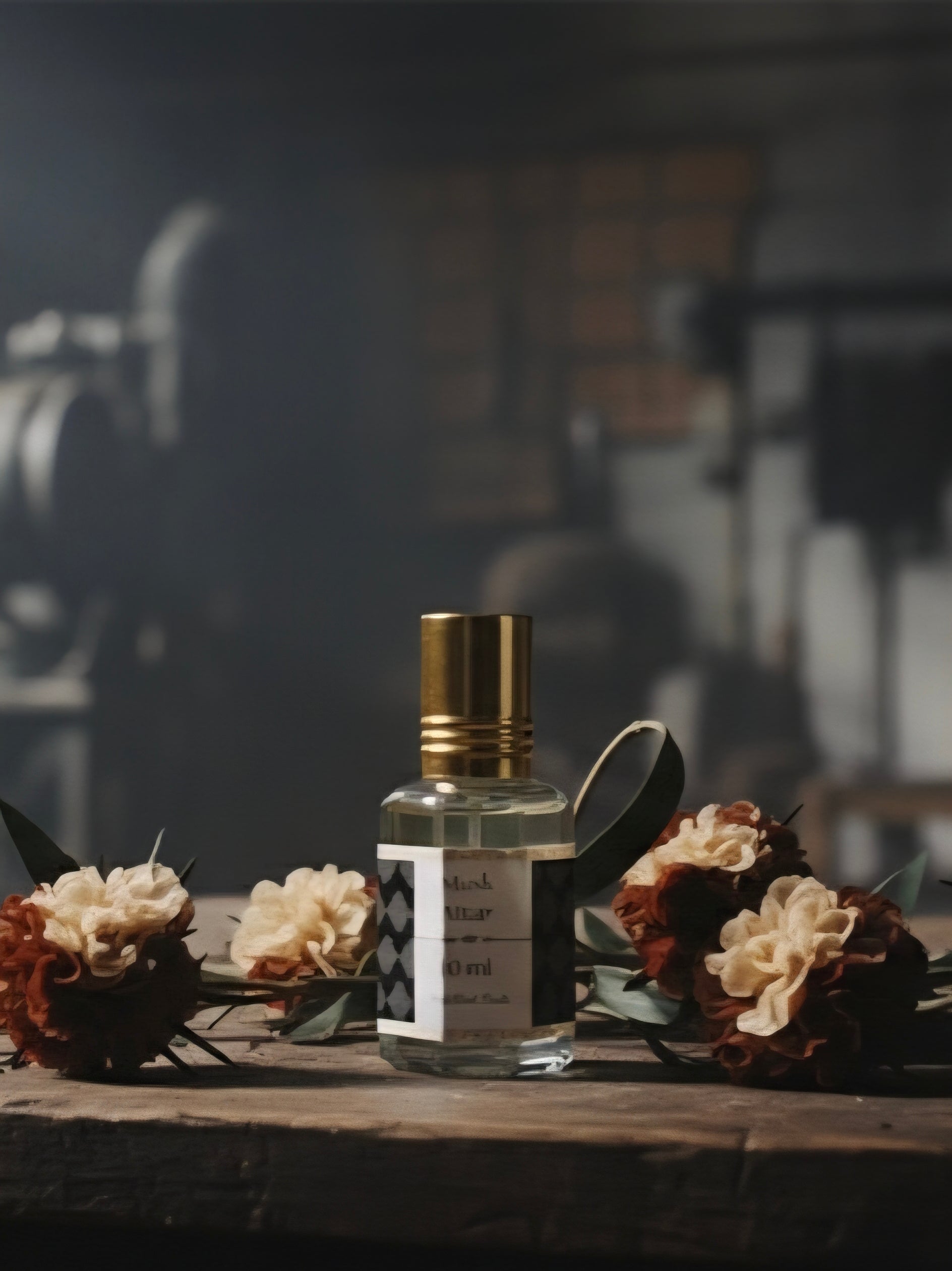 musk attar bottle with musk flowers on a wooden surface
