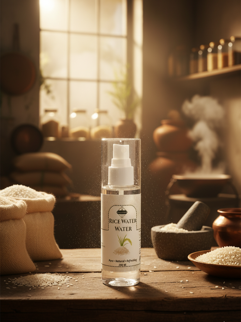 Bottle of rice water spray and a sack of rice on a wooden table with a rustic and factory background