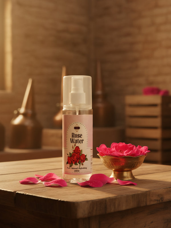 Rose water spray bottle on a wooden surface with rose petals and a bowl of flowers.