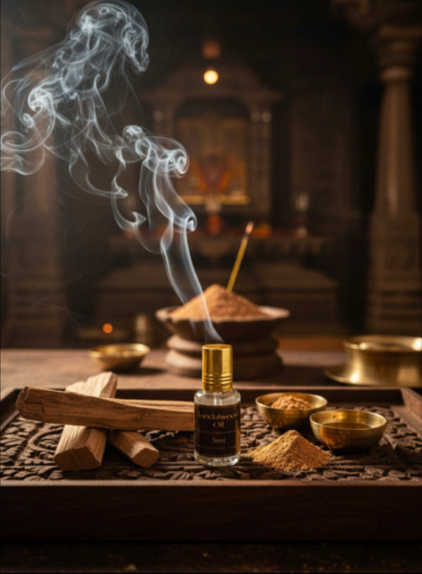 Incense stick with smoke, bowl of incense, and  a sandalwood attar bottle on a wooden tray in a temple setting