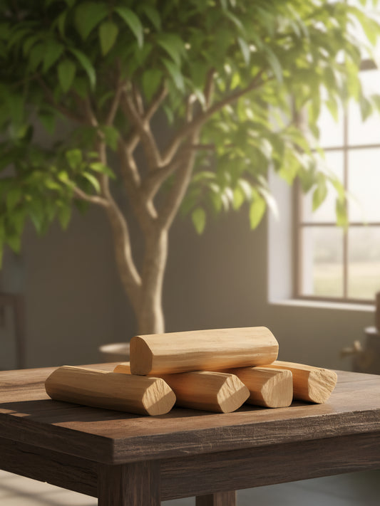 Sandalwood blocks on a wooden table with a blurred sandalwood tree and window in the background