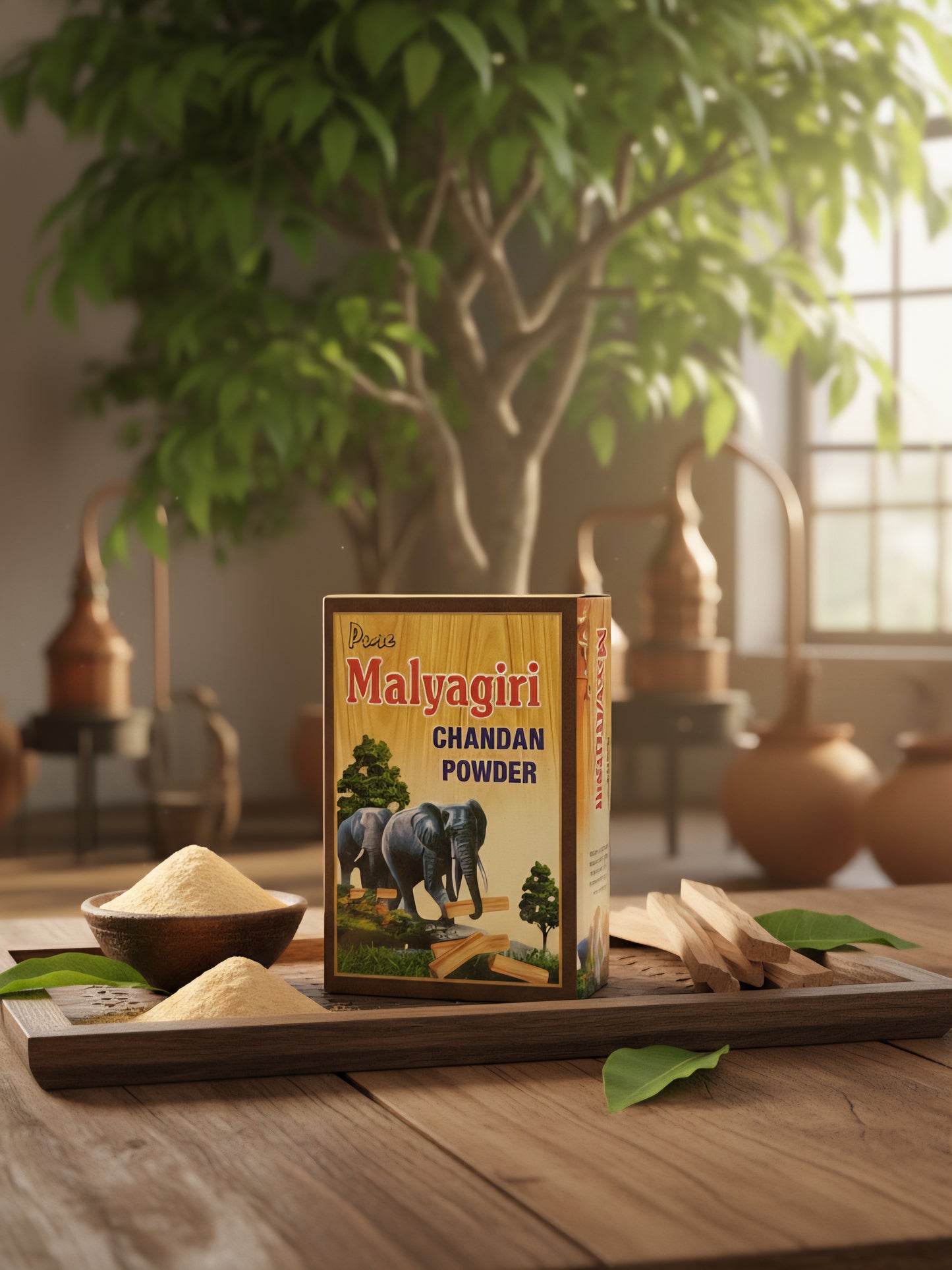 Box of Malyagiri Chandan Powder on a wooden table with a natural background