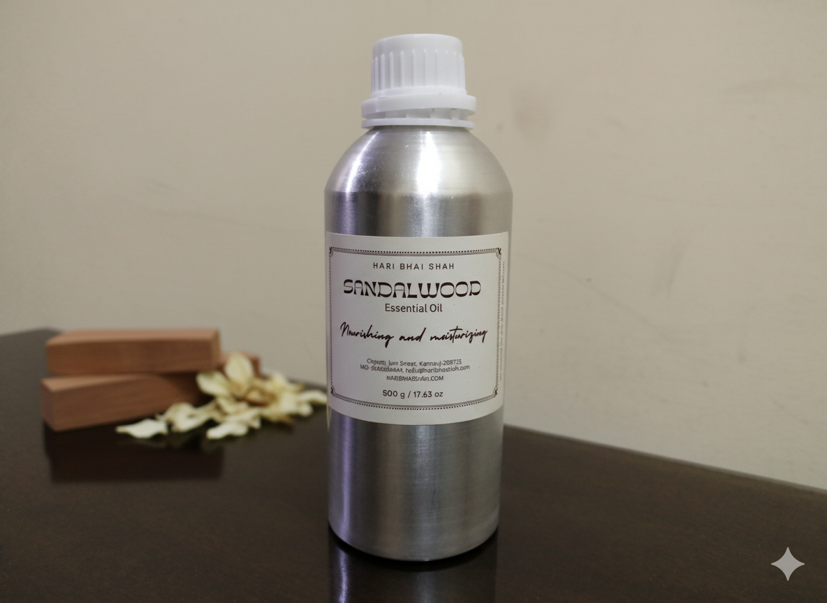 Bottle of sandalwood essential oil on a reflective surface with a neutral background