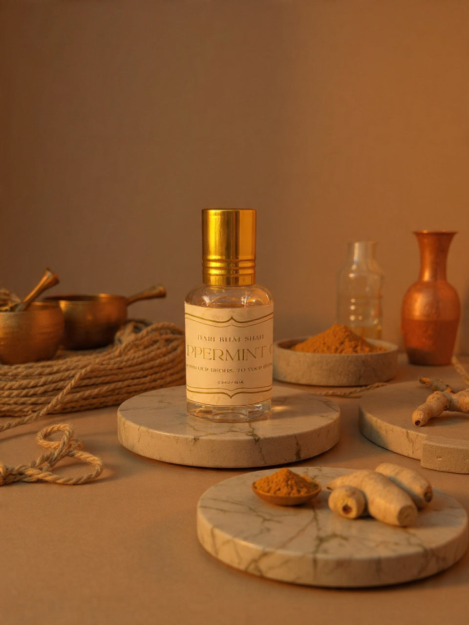 A bottle of peppermint essential oil on a marble stand with a warm, earthy background.