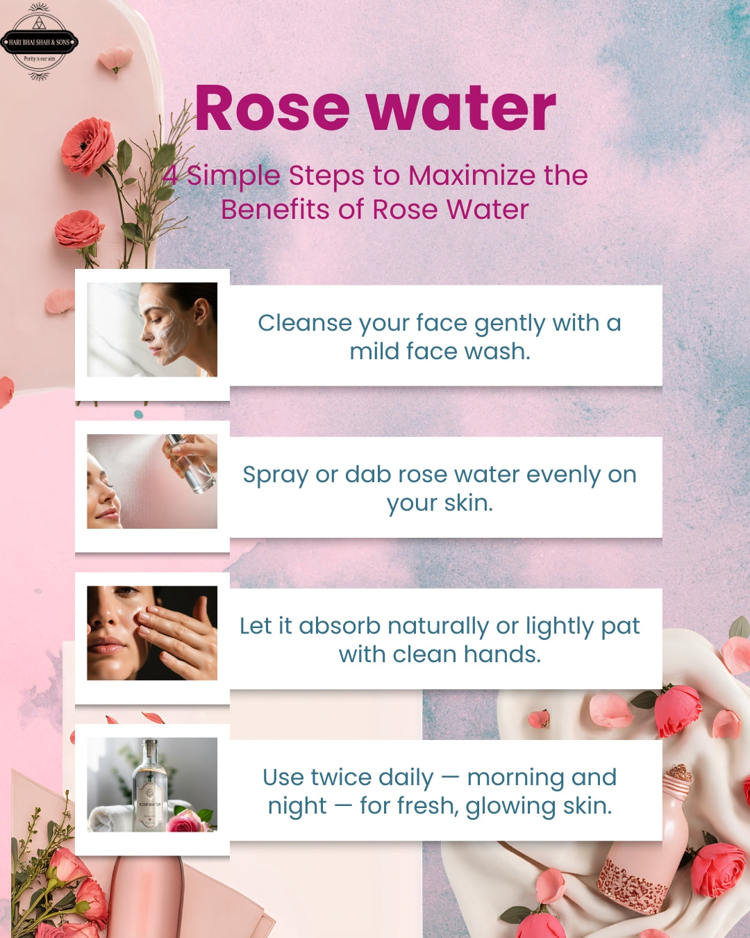 Pure rose water (gulab jal) distilled from Damask roses in copper degh – best for skin, hair, and eyes

Organic gulab jal bottle – natural rose water toner for glowing skin and oily skin

Heritage distilled rosa damascena flower water – chemical-free rose water for face and lips

Kannauj rose water for hair mist – natural remedy for dandruff and dry scalp

Pure edible gulab jal for cooking sweets, drinks, and wellness recipes

Traditional rose water for eyes – safe, soothing, and preservative-free gulab jal