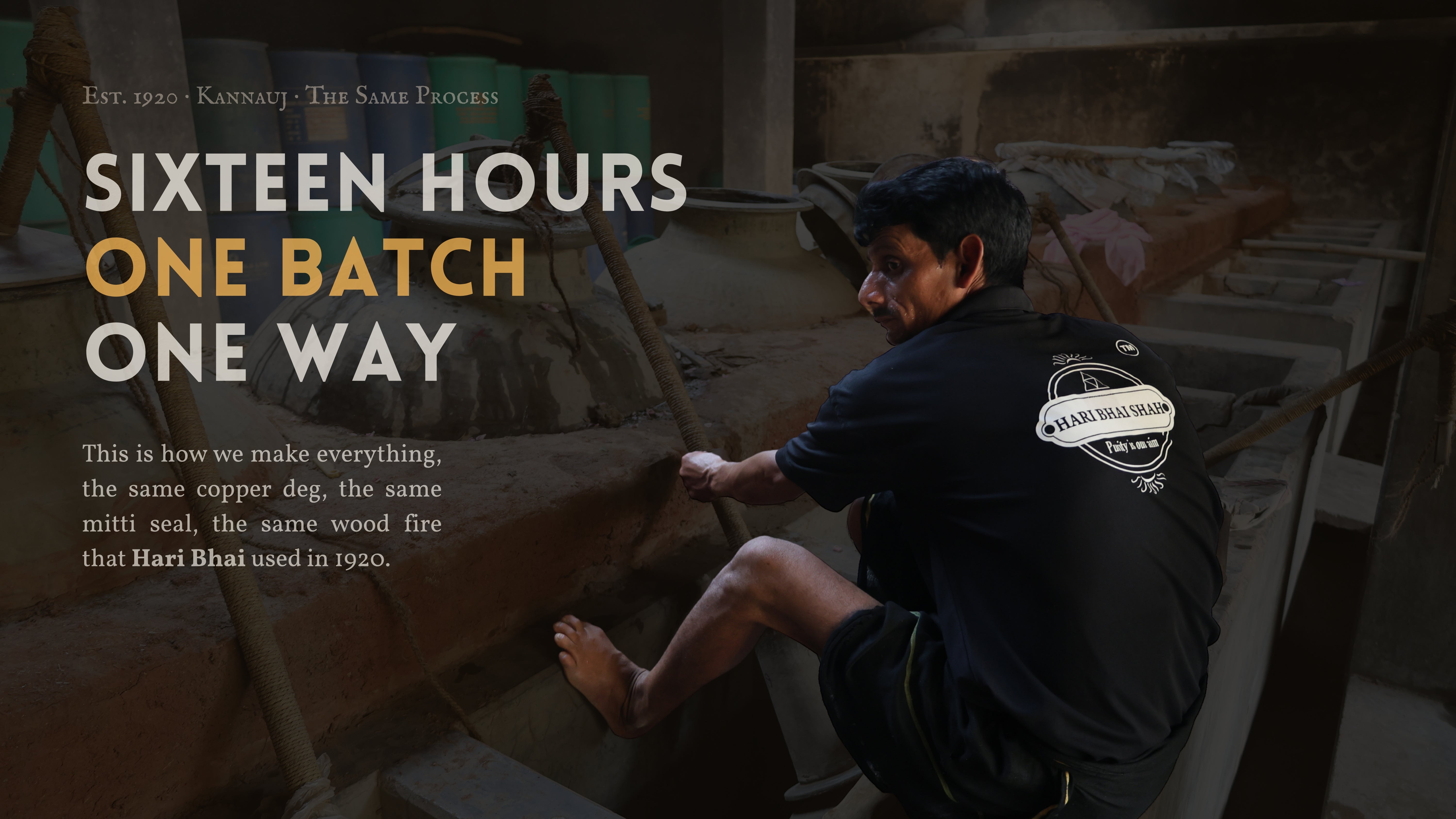 Sixteen hours. One batch. One way. — a craftsman working beside the copper deg, Hari Bhai Shah workshop, Kannauj, est. 1920