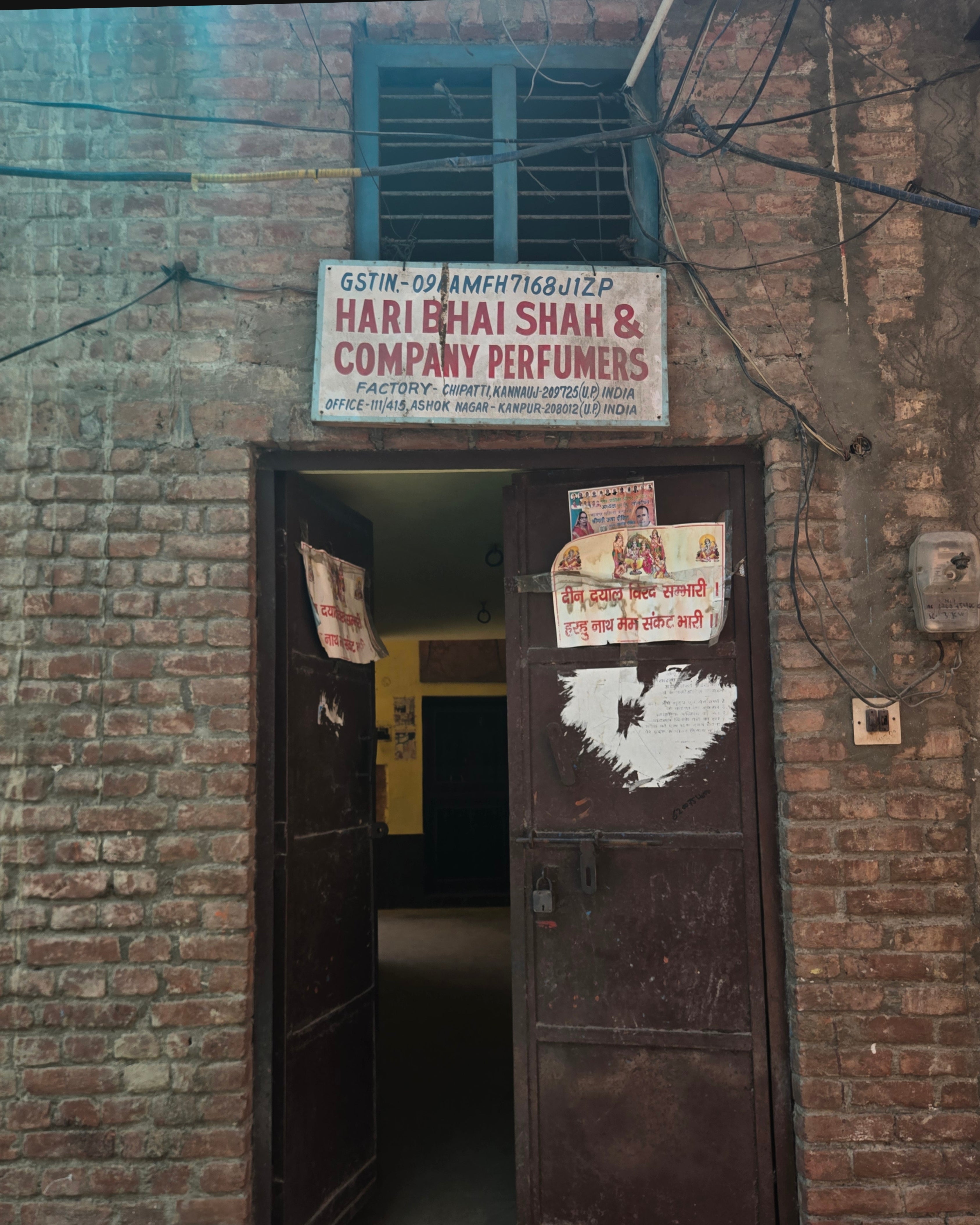 The Hari Bhai Shah & Company Perfumers workshop entrance in Kannauj